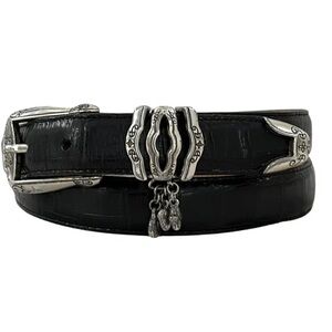 Brighton black leather and silverplate buckle belt with charms 28 S